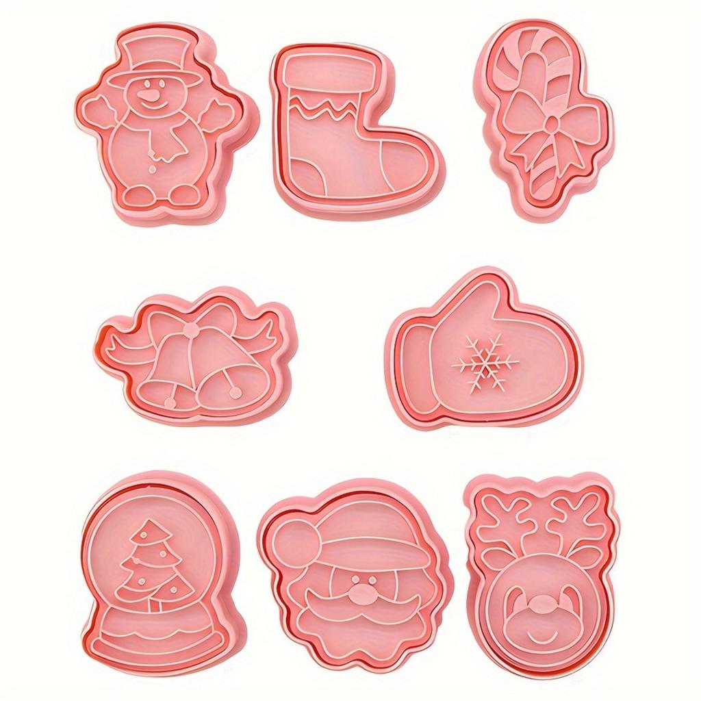 8 Piece Christmas Cookie Cutter Set with Stamps, Plastic Biscuit Cutters with Santa, Reindeer, Snowflake, Candy Cane, Glove.