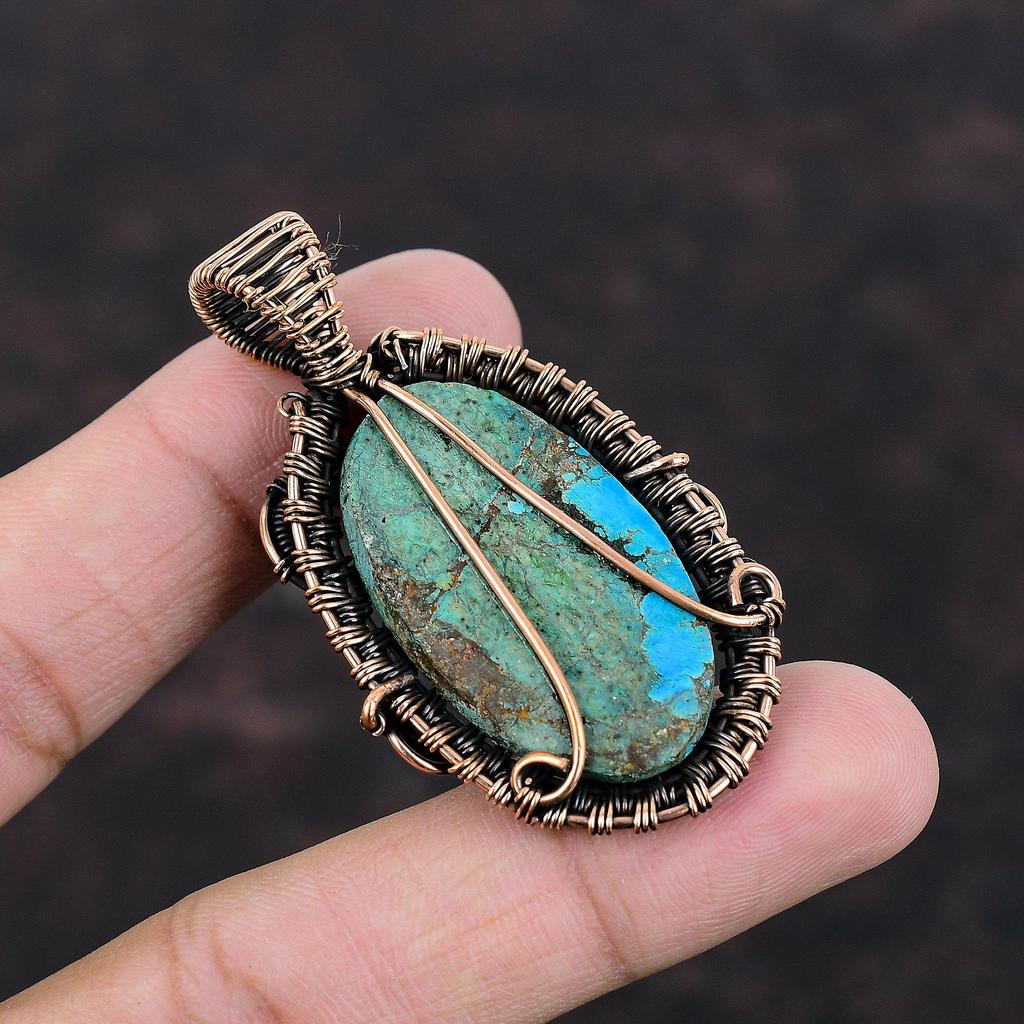Тибетская бирюзовая подвеска, медная проволока, кулон, кулон ручной работы, тибетская бирюза, ювелирные изделия, кулон с драгоценным камнем, медные украшения для подарка