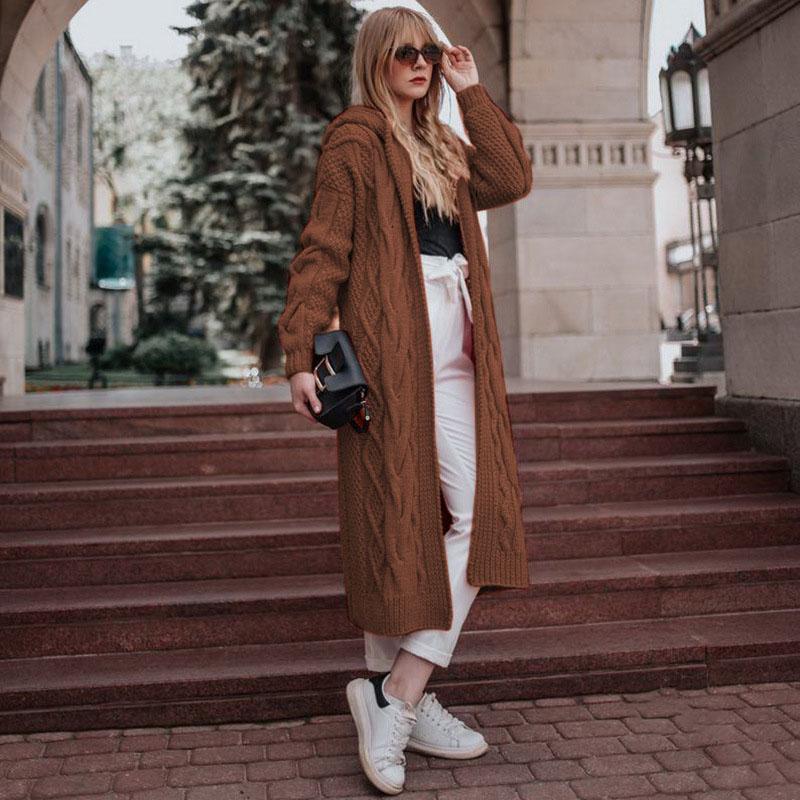 Sweaters For Women Cardigan New Style Solid Color Hooded Long Loose Cardigan Sweater Twist Knit Women Clothes