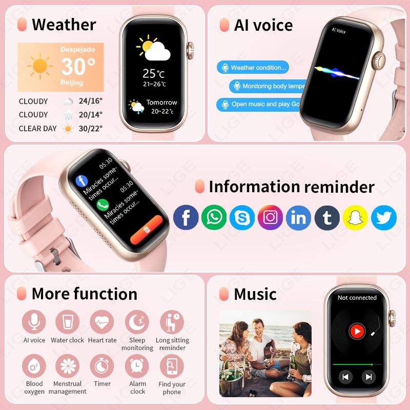 2025 Новые женские умные часы Bluetooth Звонок Мониторинг здоровья Воспроизведение музыки Умные часы Пользовательские обои Калории Фитнес-браслет