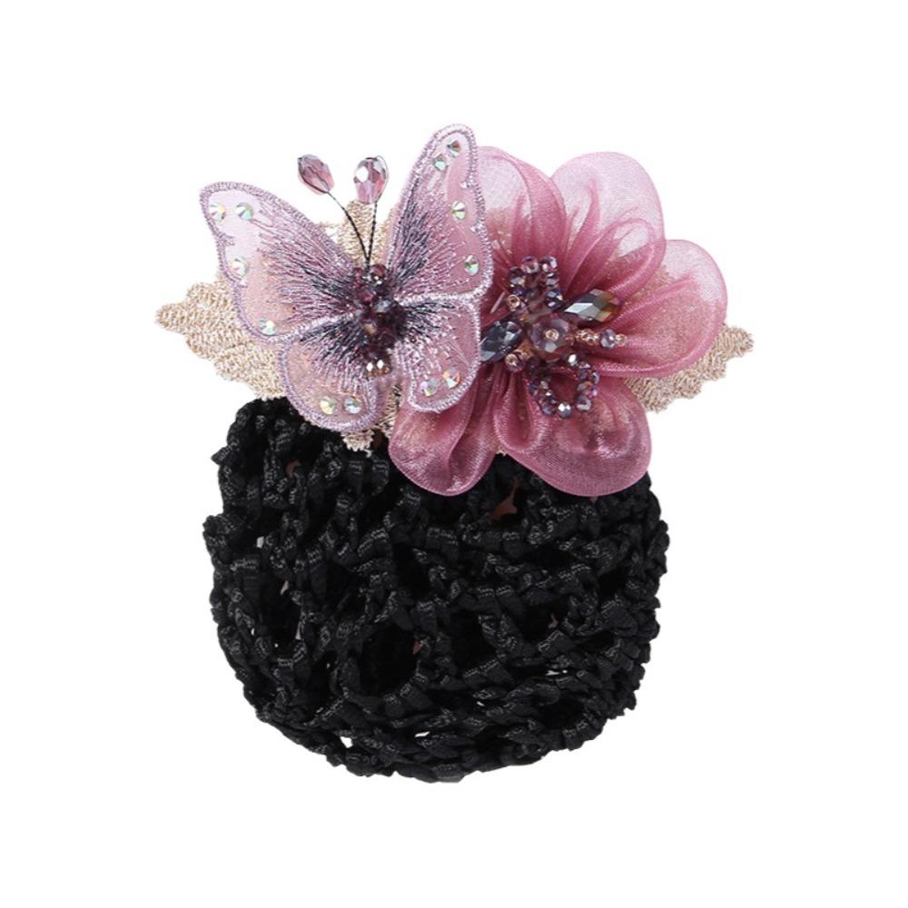 Butterfly Flower Elastic Hair Net Rhinestone Beads Decor Hair Bun Holder Hotel Staff Uniform
