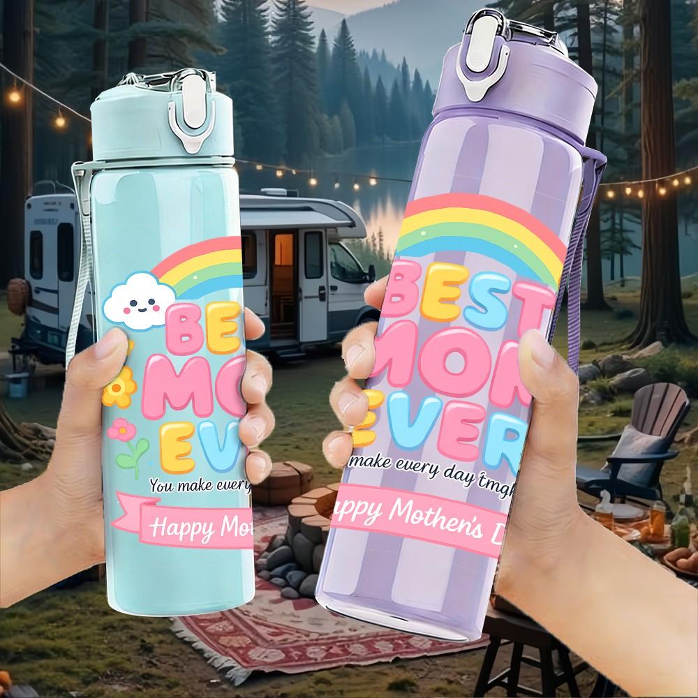 1PC Rainbow Dream Sweet Text Pattern 750ml Color Plastic Sports Water Bottle Leakproof Flip Straw Lid Suitable for Sports Office Home Use
