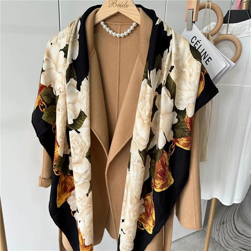 130*130cm 30% Silk +70% Wool Scarf Retro Vintage Luxurious Soft Shawl Large Warm Winter Wrap for Women