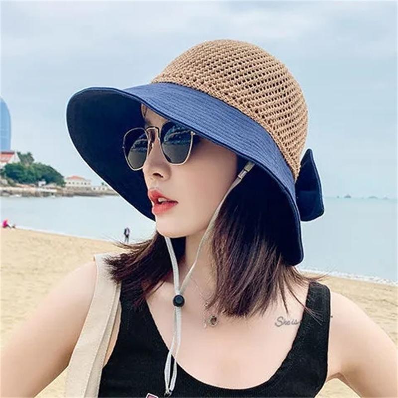 Woman Summer Hats with Sun Visor Straw Hat Hollow Fashion Bow Design Sun Hat Travel Mesh Bucket Hat