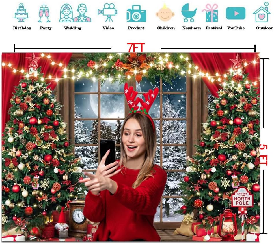 Рождественский фон 7x5 футов - Фон для рождественской фотосъемки 'Окно' - Зимняя сказочная страна Чудес Снежное дерево Красный занавес Рождественский фестиваль Баннер для вечеринки