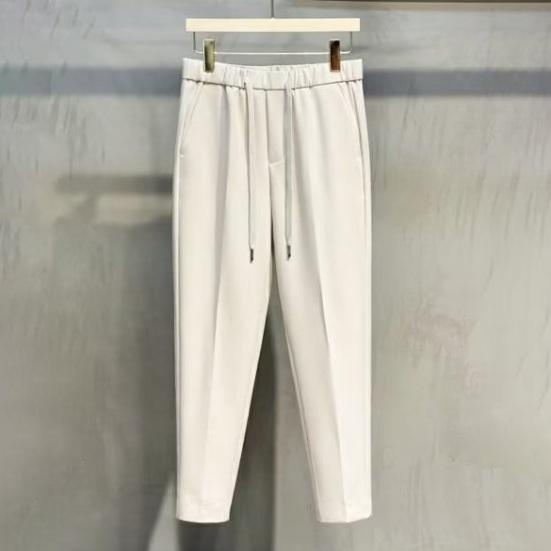 Men Suit Pants Drawstring Elastic Waist Straight Leg Solid Color Loose Formal Business Style Office Wear