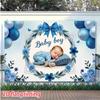 Фон для встречи новорожденного мальчика, дизайн с синим цветочным венком и шарами для украшения детского праздника