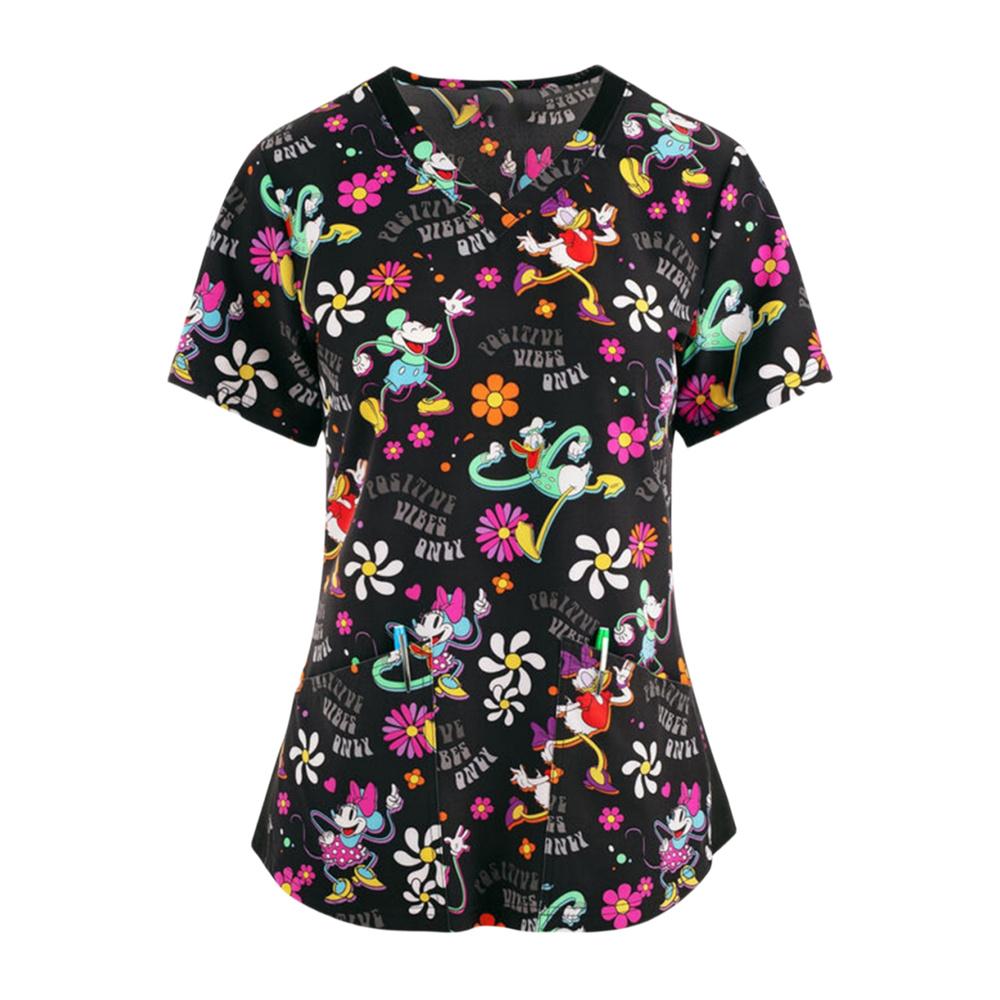 Floral Nursing Scrubs Tops Women Working Uniform Blouse Short Sleeve V-neck Uniform Blusas Nursing Clothes Nurses Tunic Uniform