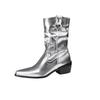 Silver Brown Women Mid Calf Boots High Square Heel Small Big Size 32 48