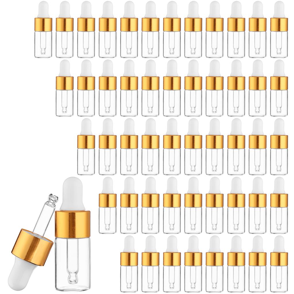 Beautywen 50 Pcs Mini Essential Oil Dropper Bottle 3Ml Clear Glass Dropper Vails With Gold Color Plating Ring