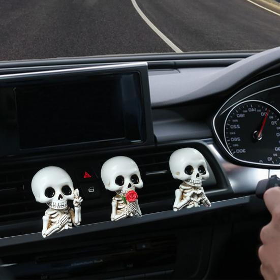 3Pcs Skull Car Air Fresheners Gothic Smiling Skull Car Vent Clip Auto Aromatherapy Diffuser Halloween Car Interior Decoration