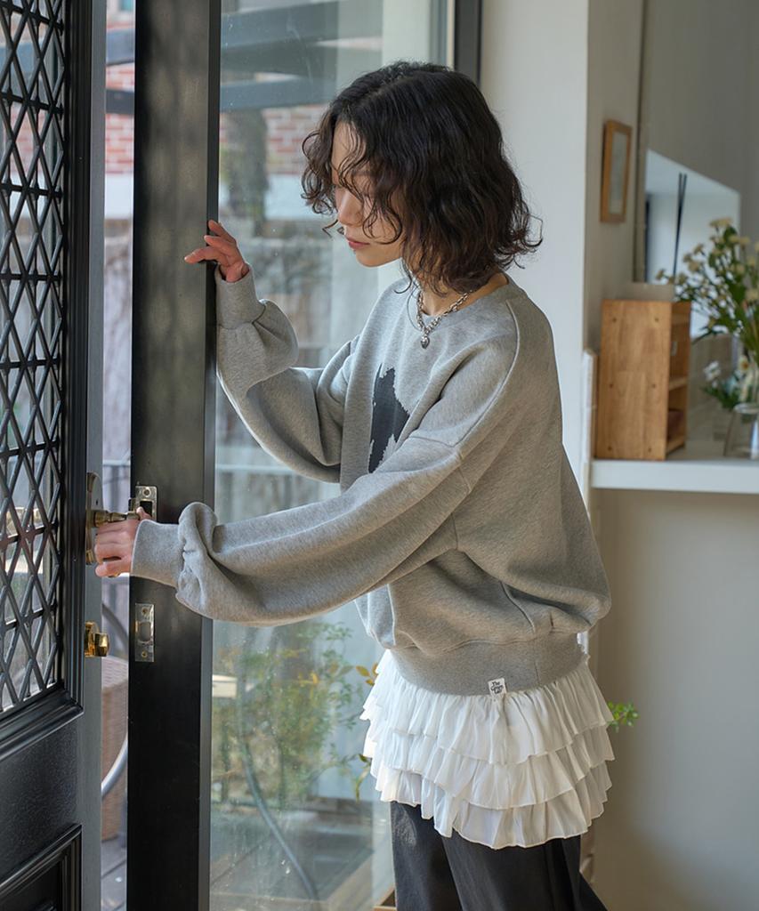 THE GREEN LAB Lovely Cat Crop Sweatshirt [Melange Gray]