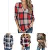 Women Vintage V-neck Loose Tops Long Sleeve Stylish T-shirt With Plaid Casual Design