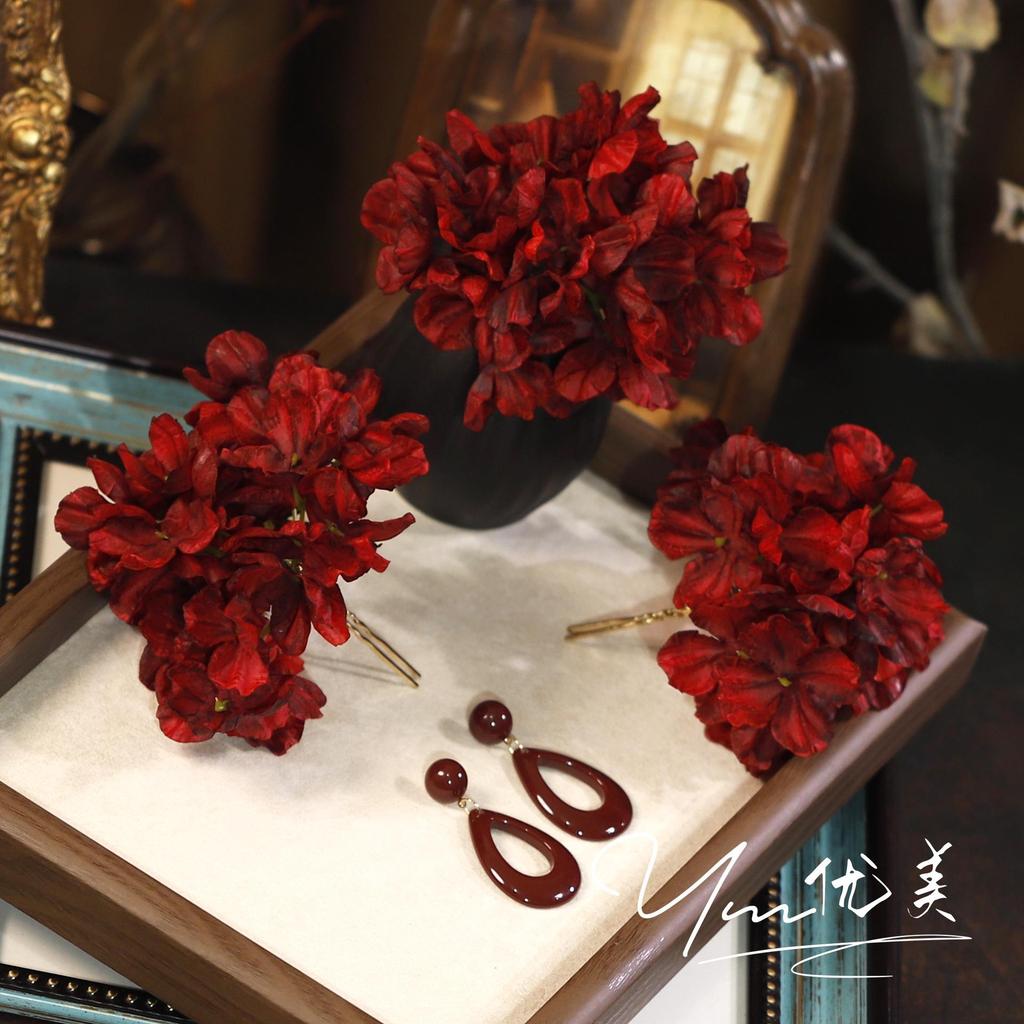 Ретро Заколка для волос в виде цветка из ткани винного цвета - Головной убор в классическом китайском стиле