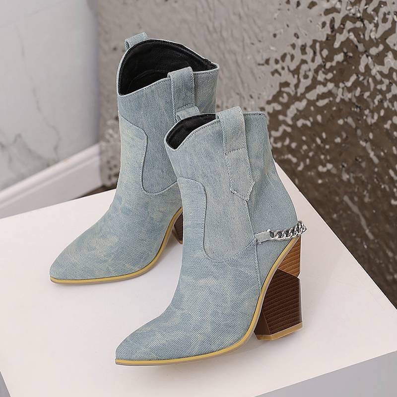 Krazing Pot Polyurethane Autumn Winter Shoes 47 Size 48 Super Size Wedges Pointed Toe Lace Up Serpentine Metal Chains Fashion Ankle Boots