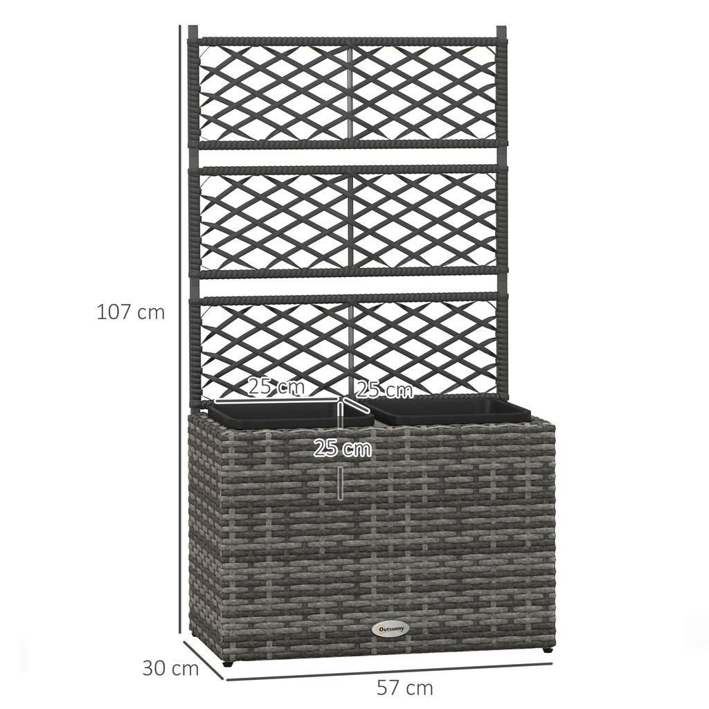 Planter with Trellis for Climbing Plants with 2 Pots in Steel and PE Rattan, 57x30x107cm, Grey