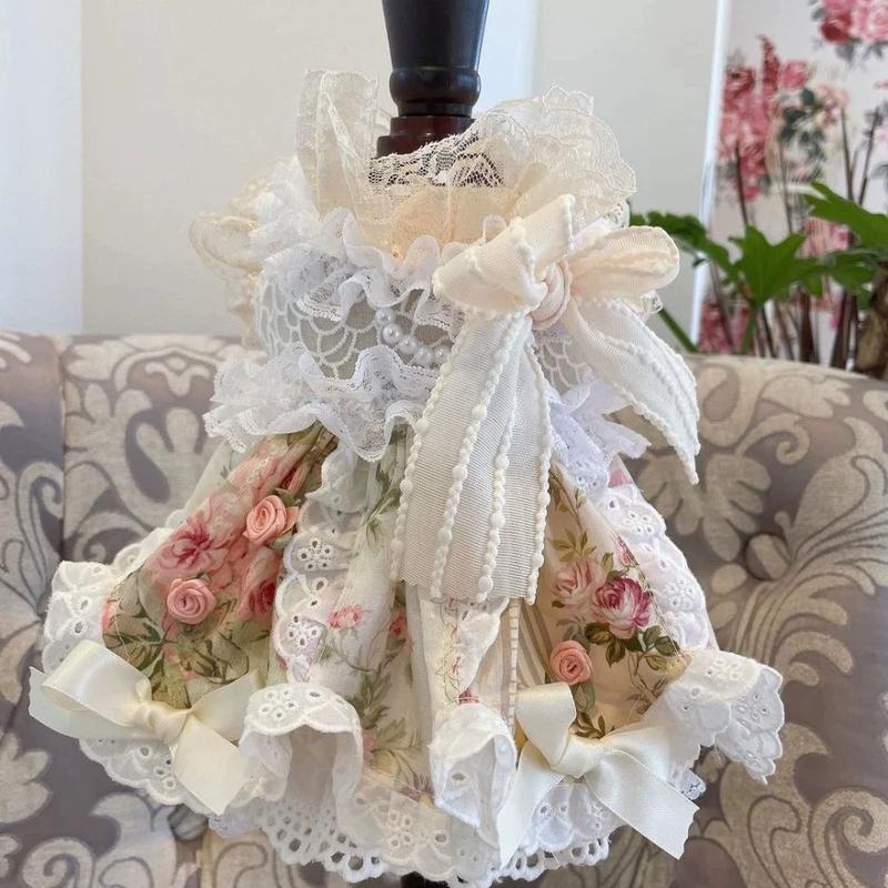 Vintage Floral Pet Lolita Dress with Lace Trim Large Bow Elegant Cottagecore Princess Costume for Small Pets Dog Clothes