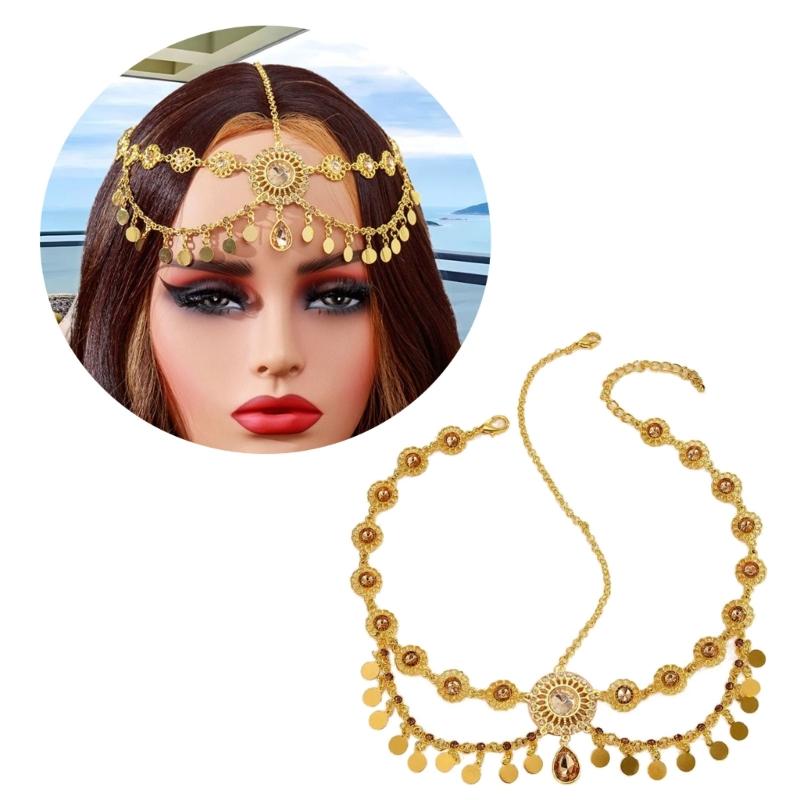 Индийская свадебная головная цепочка Золотистого цвета с монетными кисточками Стразы Головной убор для женщин Свадебные аксессуары Повседневная носка