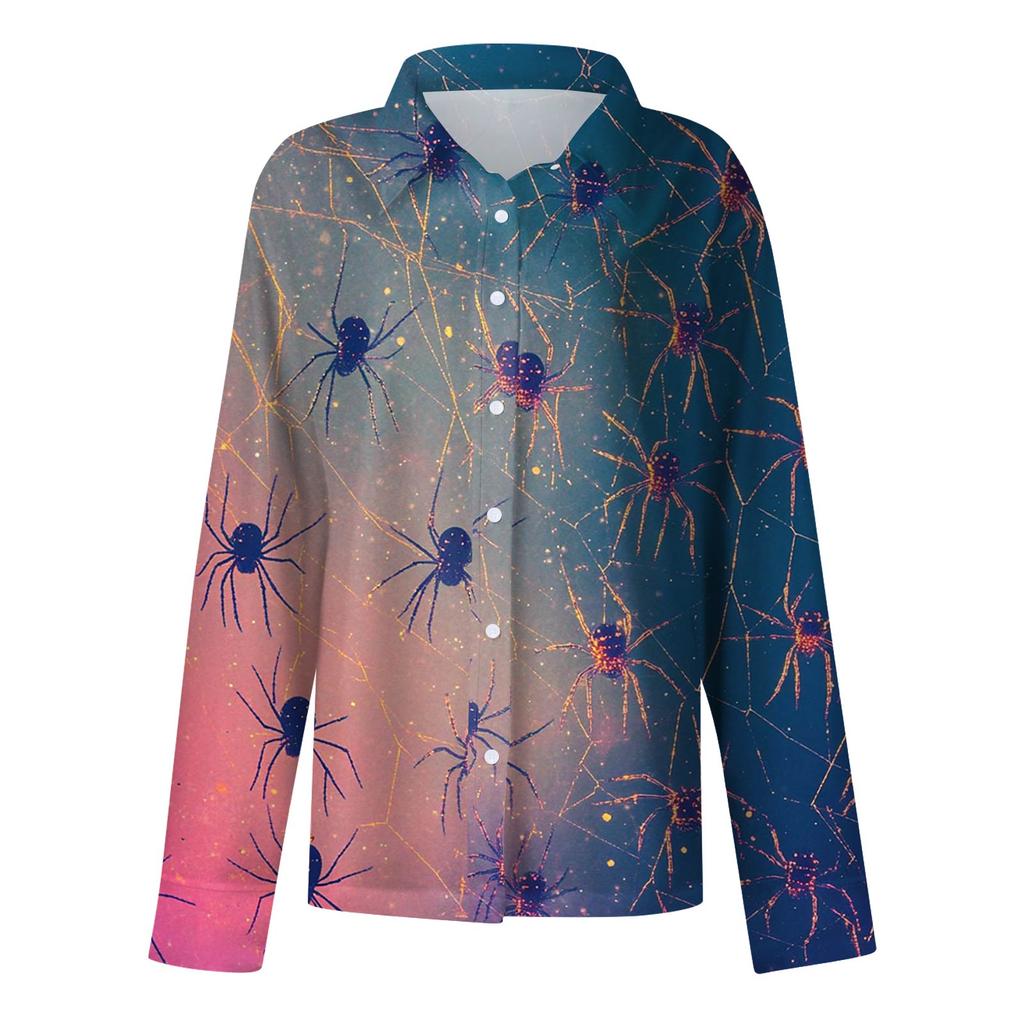 Женская рубашка-блузка с принтом и пуговицами, длинный рукав, повседневный базовый рубашечный воротник, обычный топ