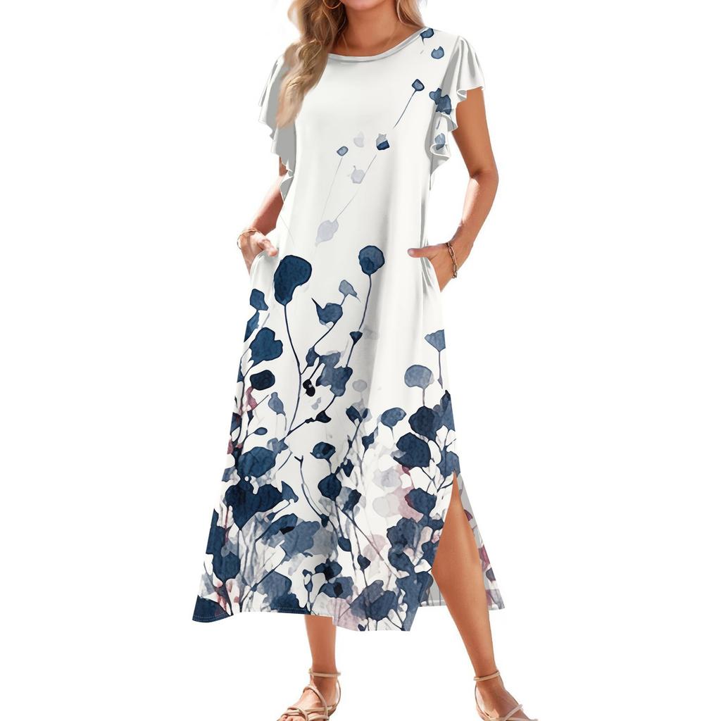 Женское модное летнее повседневное пляжное платье с плиссированными рукавами, свободным ретро-цветочным принтом, короткими рукавами, круглым завязкой и карманом