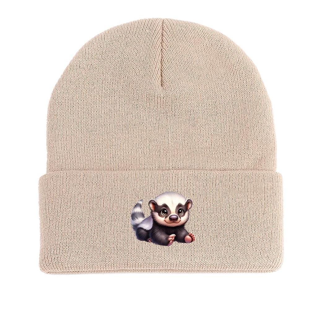 White Head Badger Print Knitted Cap Beanie, Animal Skull Cap Cuff Fit Stylish Bobble Hat Knit Hat Beanie