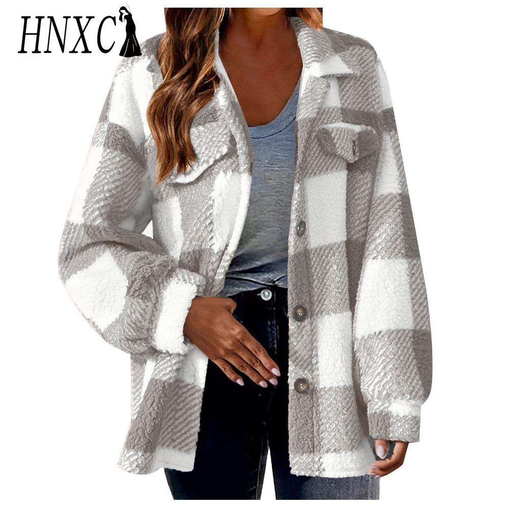 HNXC Женские винтажные повседневные решетчатые куртки и пальто с длинным рукавом и воротником-поло на осень-зиму