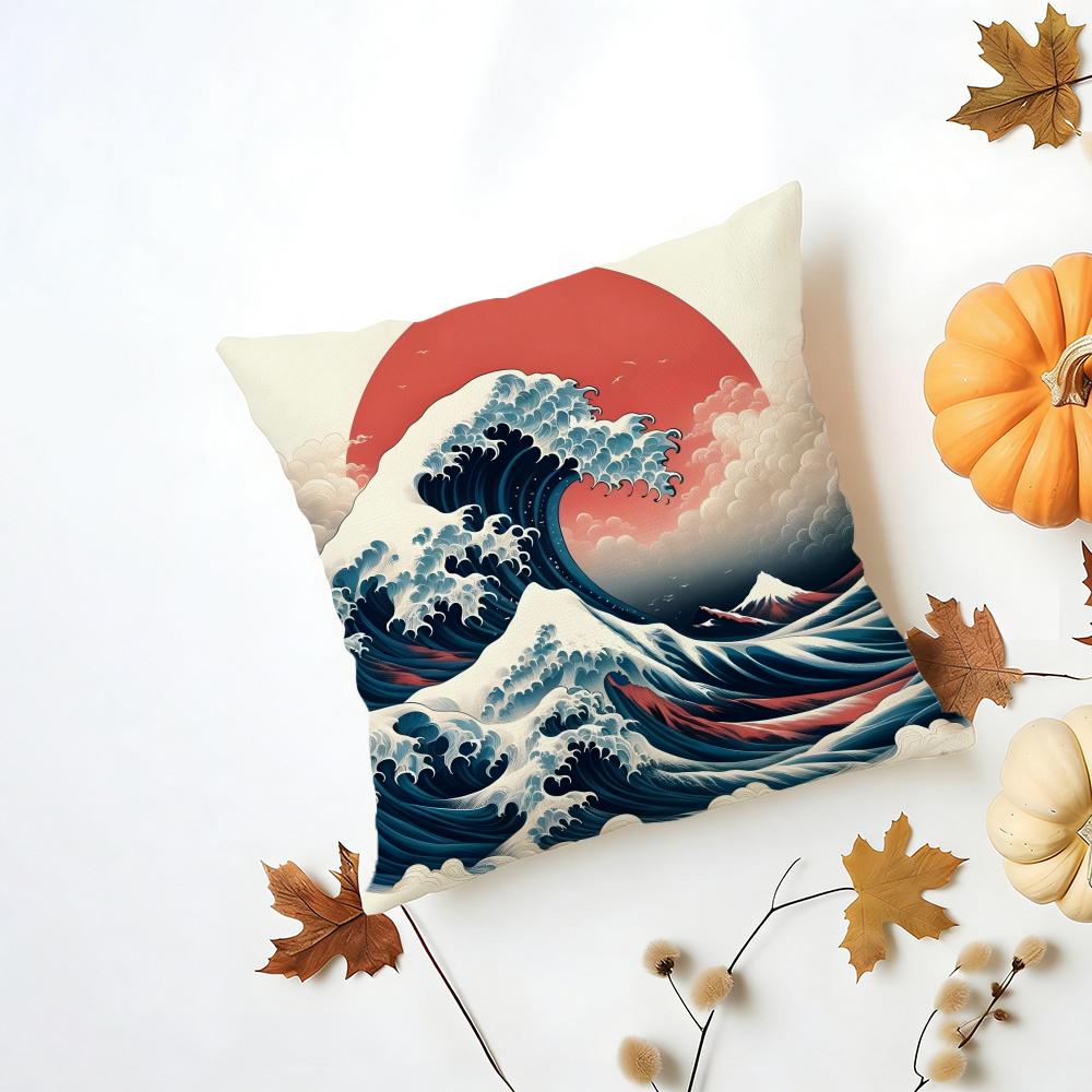 HHokusai Great Wave Cushion Cover Washable Linen Pillowcase Soft for Daily Sofa Bed Home Room Decor