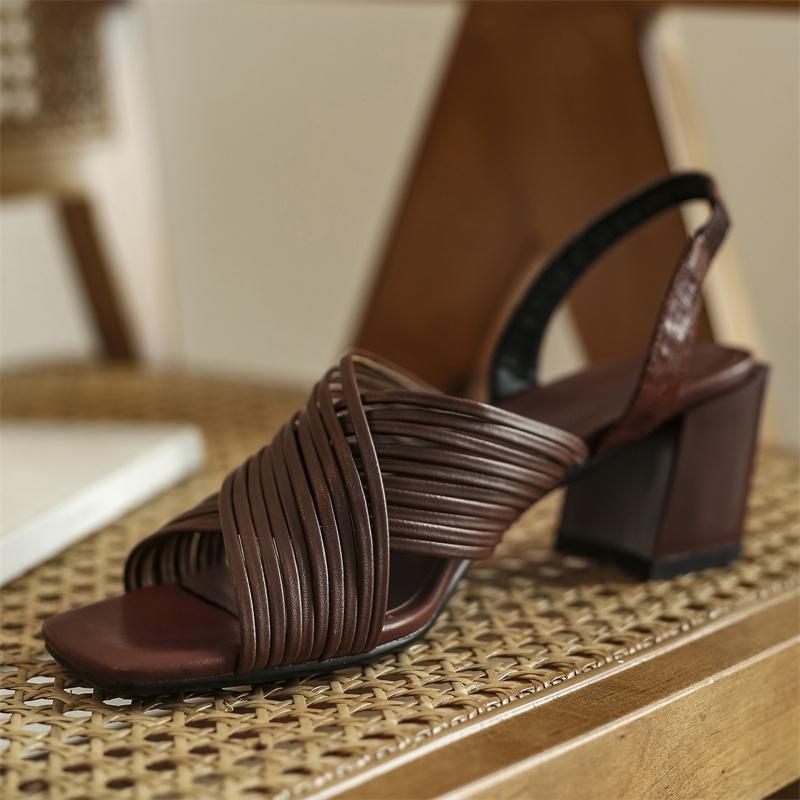 Летняя женская обувь, сандалии на высоком каблуке из натуральной кожи для женщин, повседневные однотонные женские гладиаторы в стиле ретро на каблуке