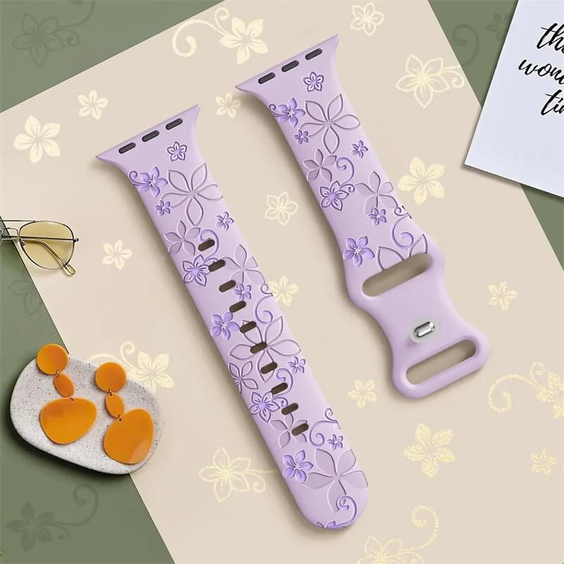 Floral Engraved Strap For Apple Watch Band 46mm 49mm 45mm 44mm 42mm 41mm 40mm 38mm Silicone Sport Bracelet iWatch Series 10 SE 9 8 7 6 Ultra 2