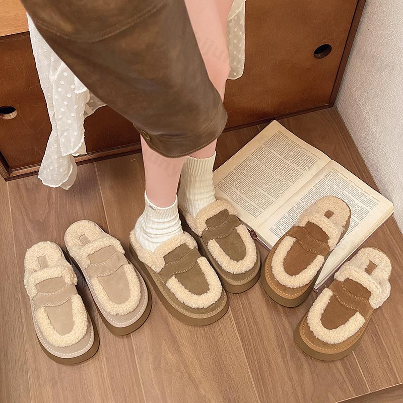 Winter Women Designer Fur Slippers Warm Boots Platform Flip Flops 2024 New Short Plush Flats Home Cotton Shoe Ladies Suede Mules
