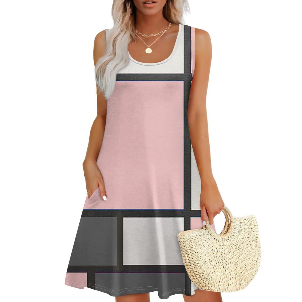 Женское летнее повседневное платье с квадратным вырезом и принтом в стиле пэчворк, платье без рукавов с карманами
