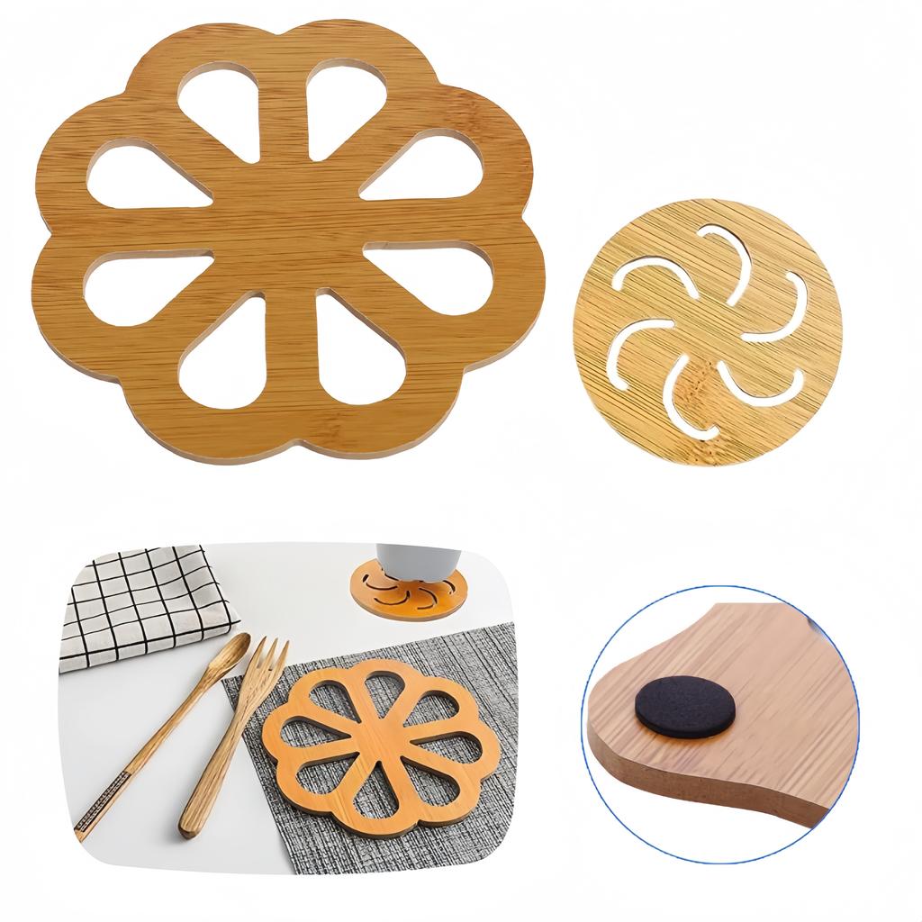 Thickened Wooden Trivets for Hot Pots Pans Hollow Carved Heat Resistant Coasters Non-Slip Round Wood Hot Pads for Kitchen Decor