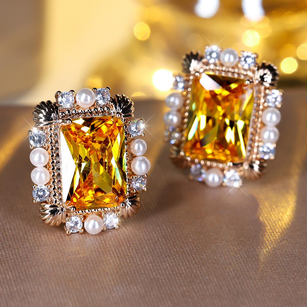 Elegant Yellow Cubic Zircon Square Stud Earrings for Women Shiny Crystal Bride Wedding Party Earrings Jewelry