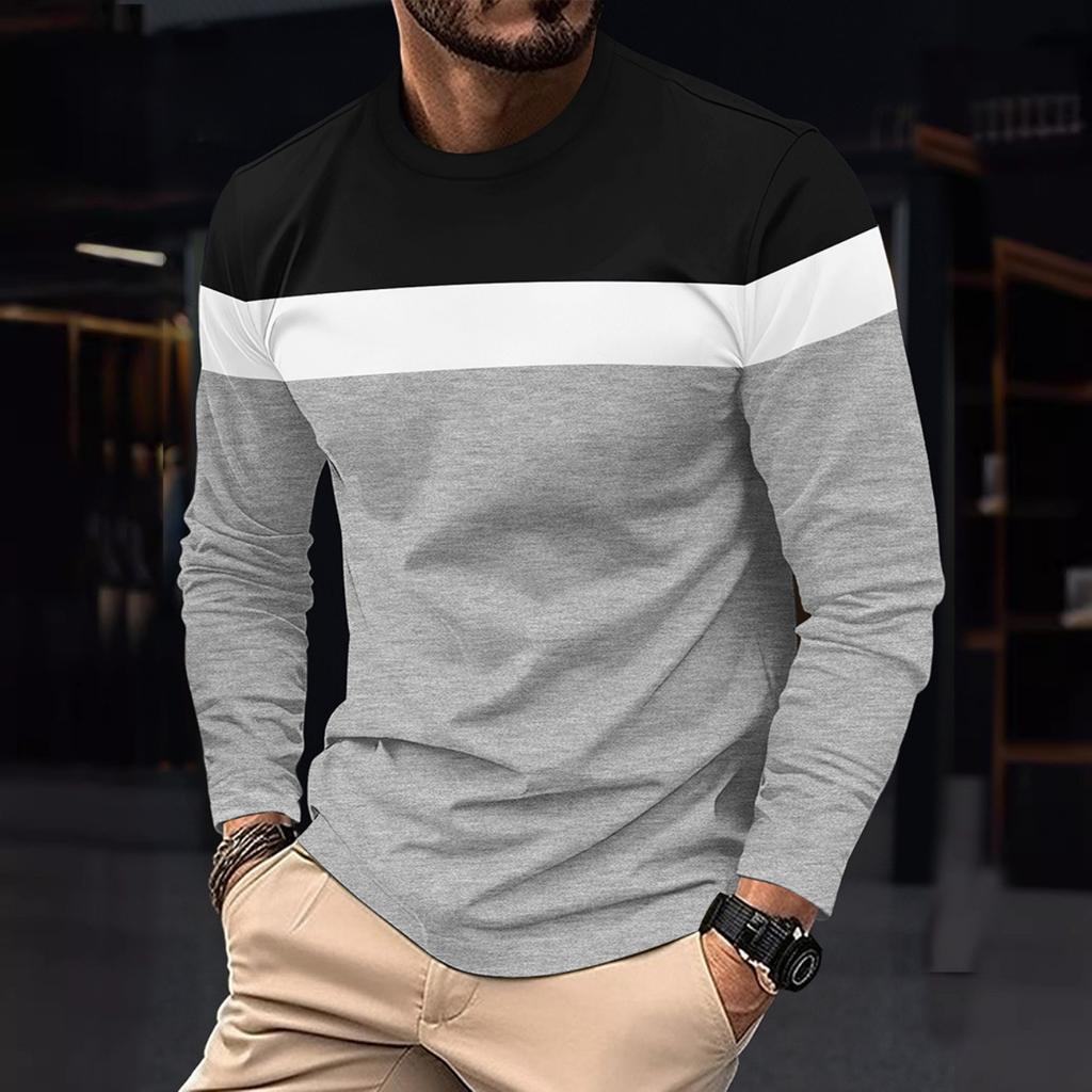 Autumn and Winter Plus Size Round Neck Long Sleeved Color Blocked Base Shirt Pullover Men's T-shirts