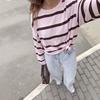 Женский полосатый вязаный топ Повседневный с круглым вырезом Длинный рукав Опущенные плечи Свободный крой Пуловер Свитер