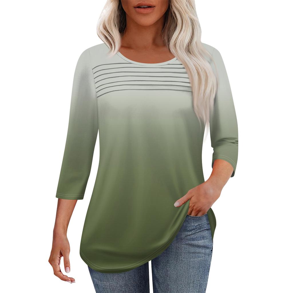 Женская мода круглый вырез шея плиссированная передняя планка однотонный топ рукав 3/4