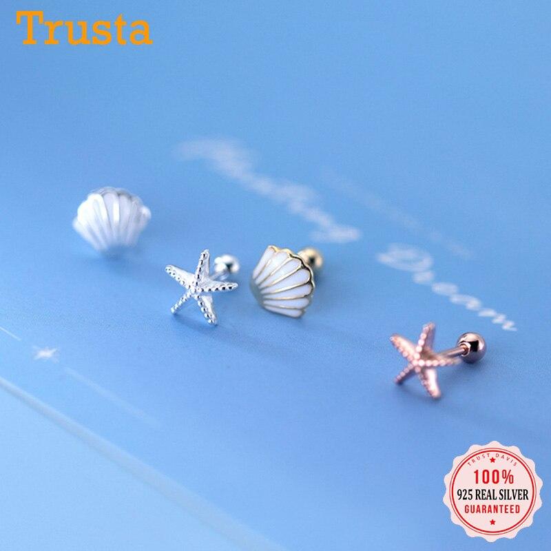 TrustDavis Real 925 Sterling Silver Sweet Asymmetrical Starfish Shells Screw Sted Earrings For Women Daughter Fine Jewelry DA2157