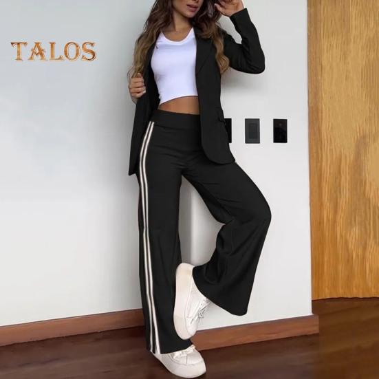 Комплект из 2 предметов: пальто и брюки для леди, отложной воротник, длинные рукава, свободные полосатые брюки с широкими штанинами, повседневная одежда для поездок на работу