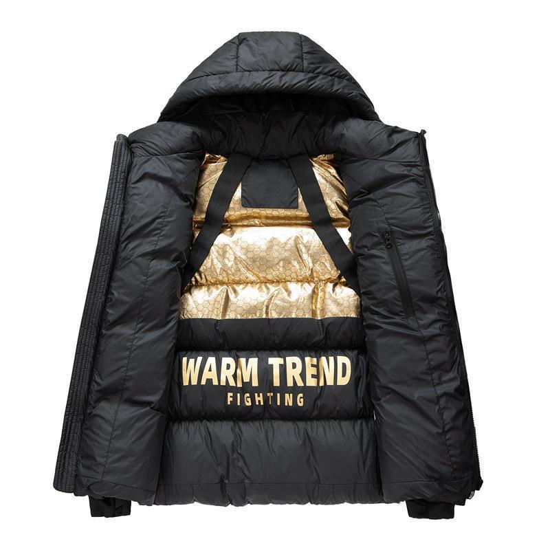 Мужская универсальная зимняя куртка из хлопка с капюшоном, черная с золотом — плотная, теплая, в студенческом стиле