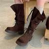 Модные высокие сапоги женские зимние дизайнерские туфли на плоской подошве шнуровка модные сапоги до колена 2025 новые уютные для платья готические челси ботильоны женские