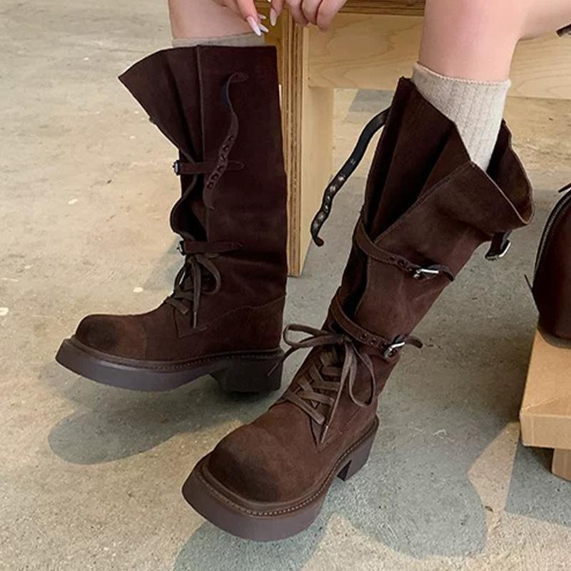 Модные высокие сапоги женские зимние дизайнерские туфли на плоской подошве шнуровка модные сапоги до колена 2025 новые уютные для платья готические челси ботильоны женские