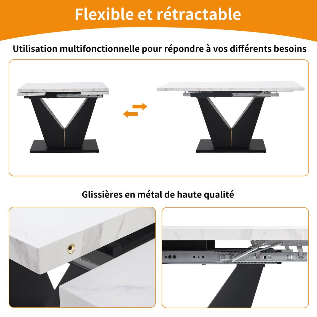 Telescopic Dining Table (99-159×75cm), Extendable, Space-Saving, Flexible Design, Suitable for Home Office & Living Room, White Tabletop with V-Shaped