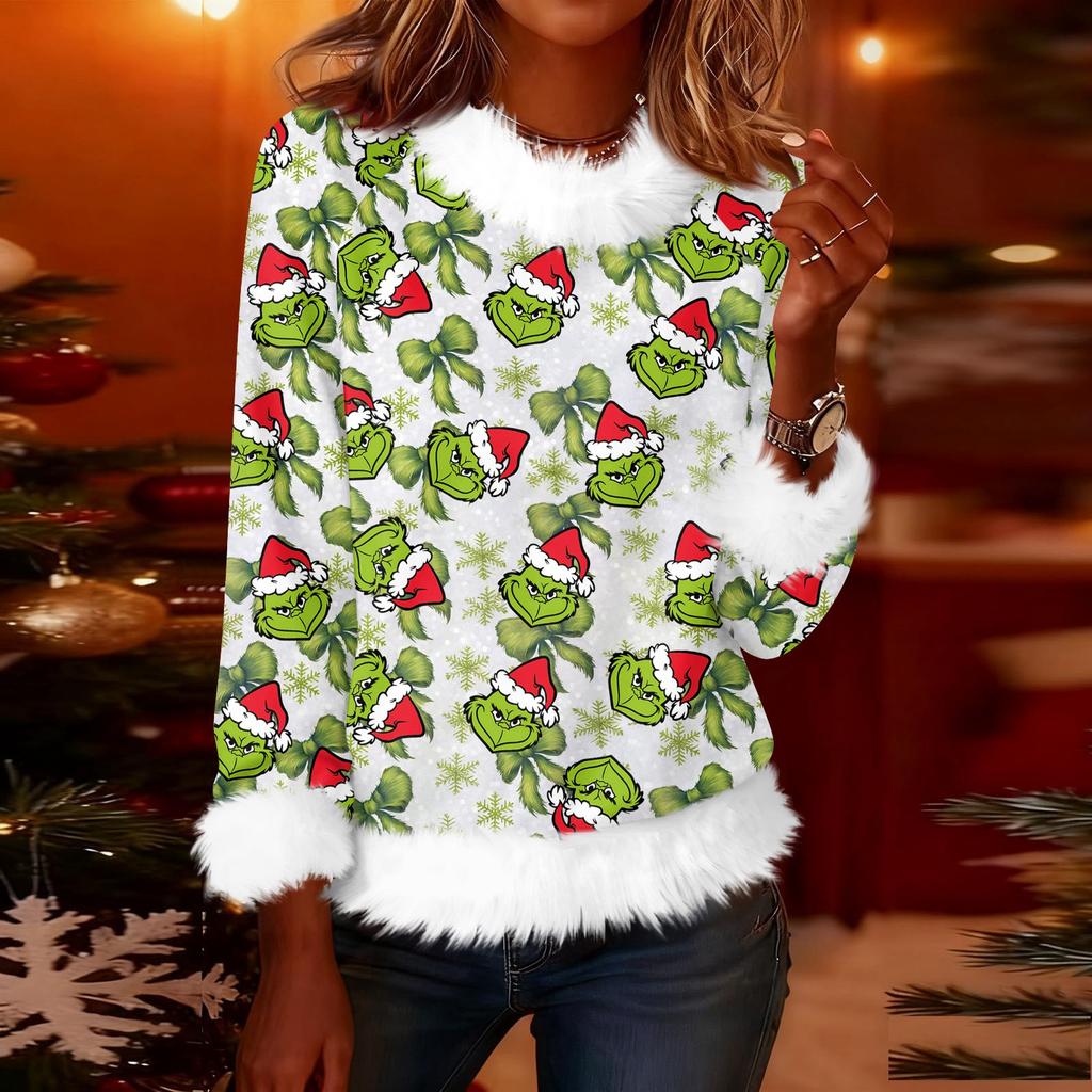 Женская модная рождественская футболка с принтом, круглым вырезом и длинными рукавами, повседневный пуловер