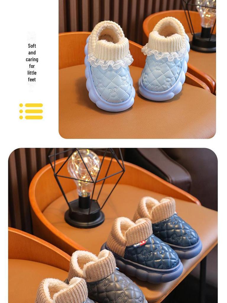 Детские водонепроницаемые хлопковые туфли с бархатной подкладкой - нескользящий дизайн с изображением мультяшного кролика для мальчиков и девочек