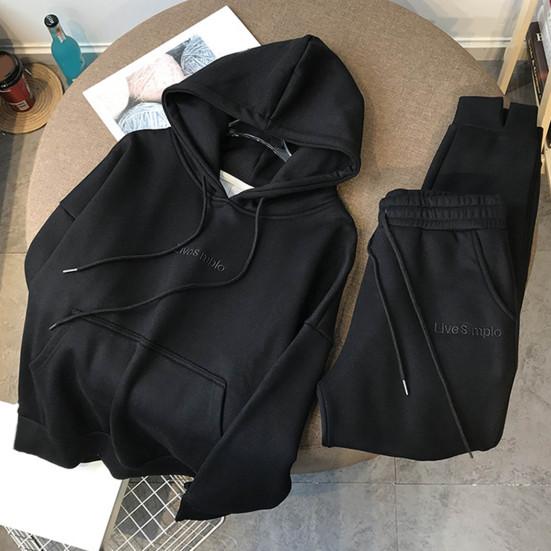 2 шт./компл. с длинными рукавами и вышивкой на шнурке, с буквенным принтом, эластичной резинкой на талии, карманами на флисовой подкладке, повседневная одежда, женская зимняя однотонная одежда