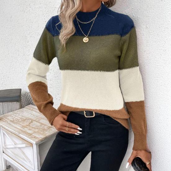 Женские вязаные топы с круглым вырезом, длинным рукавом и цветными блоками