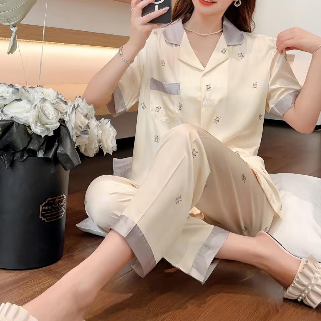 1011 new pajamas women's summer bubble bear short-sleeved three-piece set, high-end light luxury home clothes can be worn outside the home
