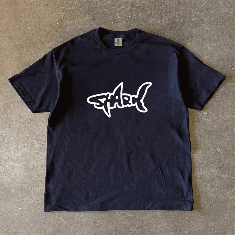 Men White Shark Graffiti Print Crew Neck Oversized T Shirt