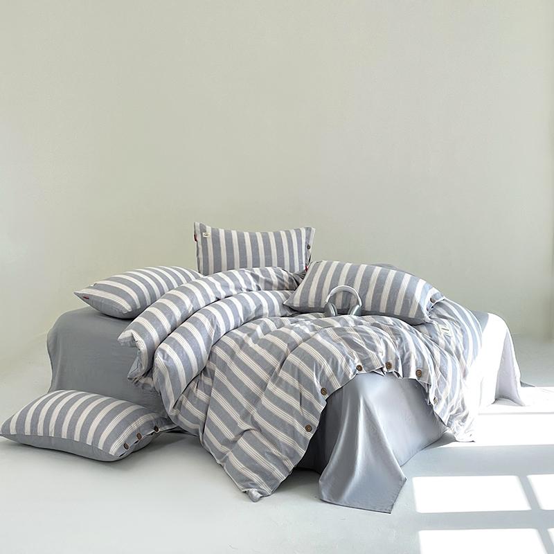 Stripe Bedding Set Plaid Duvet Cover 100% Washed Cotton 4pcs Bedding for Winter Bed with Sheet Pillowcases Home Textiles