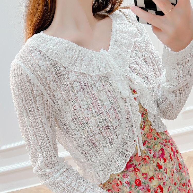 Wearing A Camisole Skirt Over A Cover Up and Lace Shawl Summer Sun Protection Cardigan Thin and Short Lace Up Hollowed Out Jacket